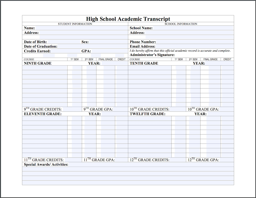 Printable Homeschool Transcript Form Printable Forms Free Online