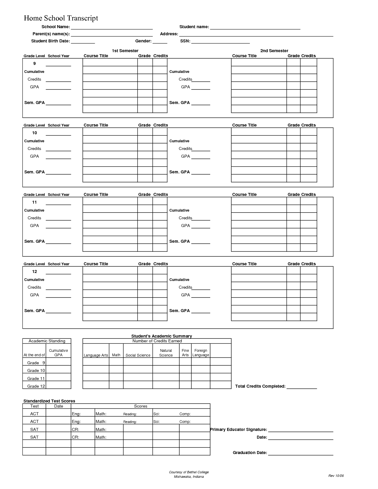 Printable Free School Transcript Templates Teachers Resources