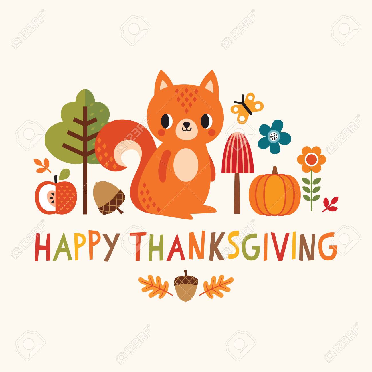 Vector Happy Thanksgiving card with cute squirrel and autumn elements