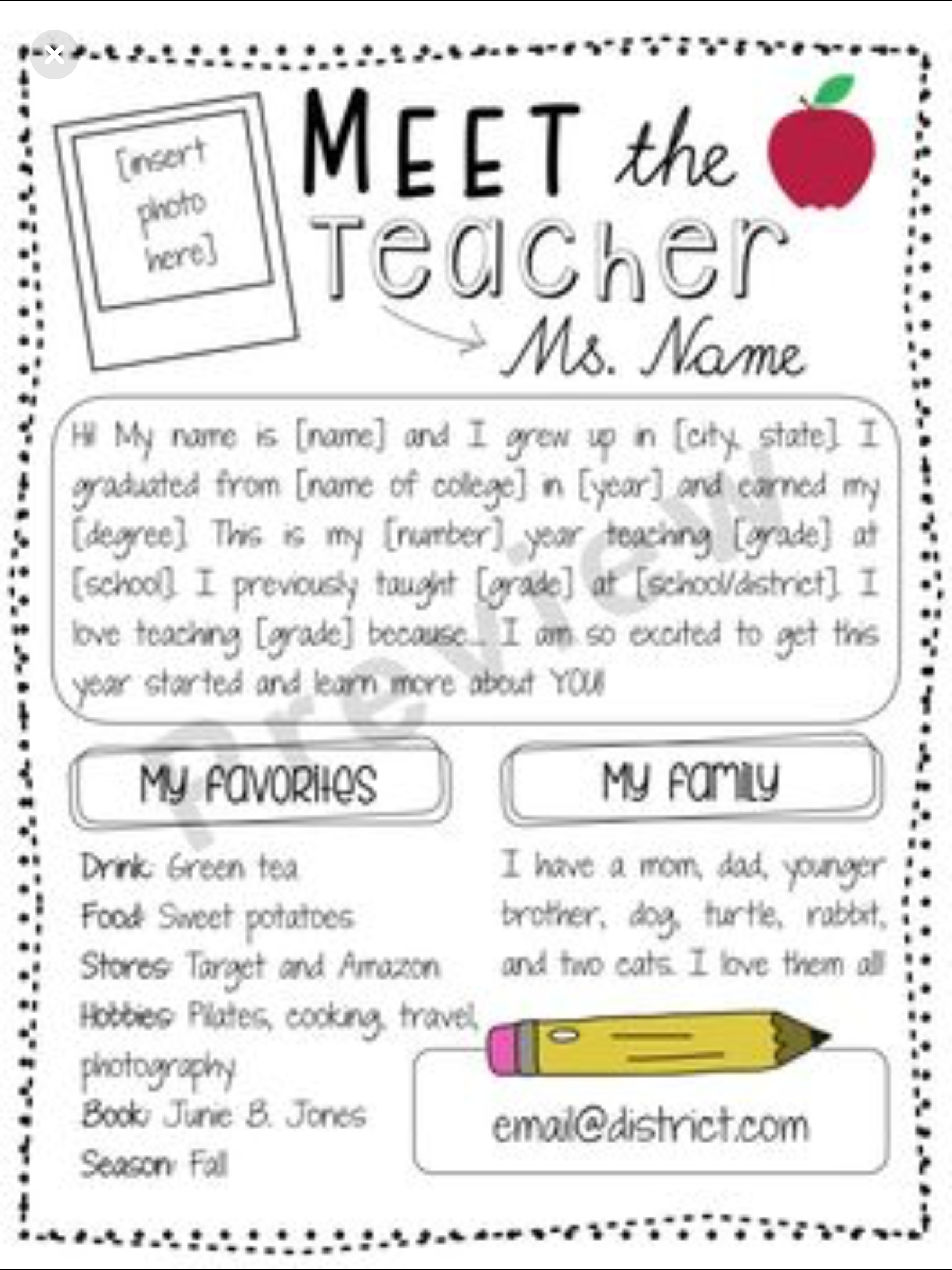 Printable Meet The Teacher Template Teachers Resources